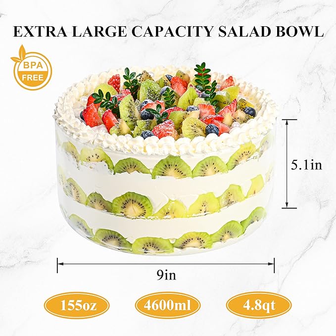 Glass Trifle Bowl with Airtight Lid, 155oz Large Salad Bowl, Glass Serving Bowl for Popcorn, Cake, Salad, Fruit, Baking, Dessert and Party Diy, BPA Free, Oven, Dishwasher Safe