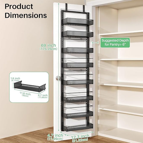 8 Tiers Over the Door Organizer - Height Adjustable Pantry Organizers and Storage with Dense Mesh Baskets, Anti-Swing Hanging Door Spice Rack for Kitchen Bathroom (Black, 12.3"W x 4.7"D x 69"H)