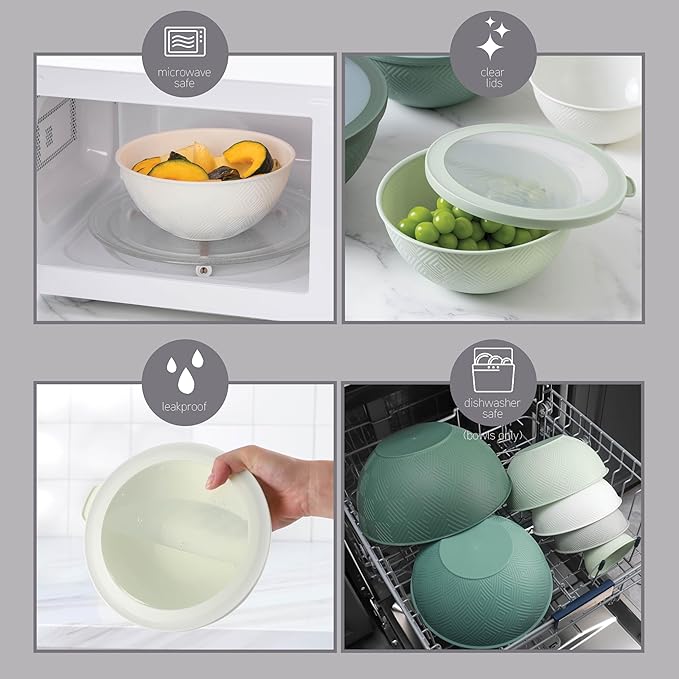 COOK WITH COLOR Mixing Bowls with Lids - 12 Piece Plastic Nesting Bowls Set includes 6 Prep Bowls and 6 Lids, Microwave Safe Mixing Bowl Set, Sage Rhombus