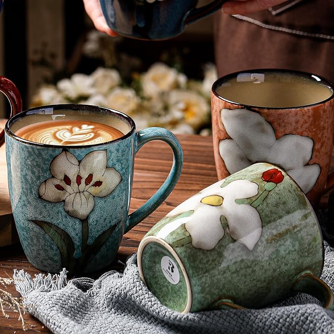 Maxdot 2 Pcs 12oz Ceramic Coffee Mugs Sets Glazing Process Cappuccino Mug Floral Ceramic Tea Cups Mother's Day Idea Gift for Women Mom Porcelain Cup for Coffee, Cocoa, Tea, Latte (Fresh)