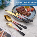 20-Piece Black Red Gold Silverware Set, 18/0 Stainless Steel Colorful Handle Flatware Set,Service for 4,Modern Cutlery Set Includes Dinner Knives Forks Spoons,Mirror Polished,Dishwasher Safe