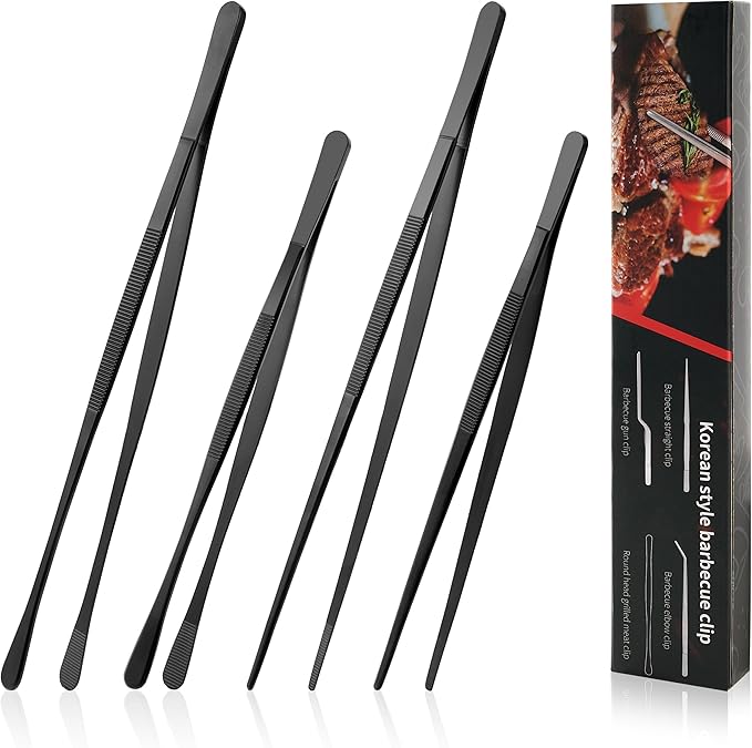 Metal Tongs & Kitchen Tweezers Set, 4 Pcs 12'' & 10'' Stainless Steel Tong and Cooking Tweezers with Two Types of Jaws and Non-Slip Design, Food-Grade Coating, High Strength for BBQ & Platter, Black