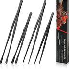 Metal Tongs & Kitchen Tweezers Set, 4 Pcs 12'' & 10'' Stainless Steel Tong and Cooking Tweezers with Two Types of Jaws and Non-Slip Design, Food-Grade Coating, High Strength for BBQ & Platter, Black