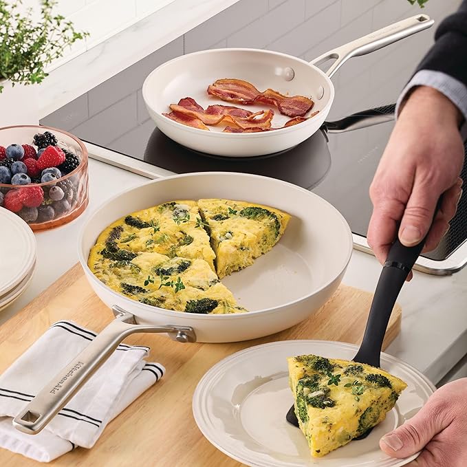 KitchenAid Hard Anodized Ceramic Induction Nonstick Cookware 2-Piece Frying Pans/Skillet Set, Dishwasher Safe, 8.25 Inch and 10 Inch Non Stick Fry Pans with Stainless Steel Handles - Porcelain White