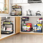 PXRACK Under Sink Organizer, Adjustable Height, 2 Tier Pull Out Under Cabinet Organizer, Slide Out Thickened Metal Under Sink Storage for Kitchen Bathroom Laundry Pantry Cabinet, Black, Small-2-Pack