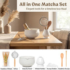 Matcha Kit Whisk Set (7 Pcs) - Complete Matcha Set, Matcha Bowl with with Bowl, Whisk and Holder, Bamboo Spoon/Scoop, Scoop Rester and Sifter incl. Booklet