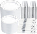 N9R 350PCS Silver Plastic Dinnerware Set for 50 Guests, Gold Disposable Plates for Party, Include:100 Plastic Plates, 50 Pre Rolled Napkins with Silverware and 50 Cups