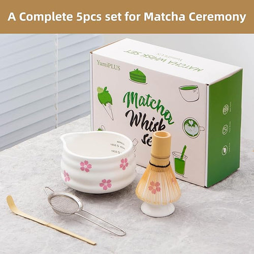 5pcs Premium Matcha Set,Ceramic Bowl with Spout and Bamboo Whisk set, Cherry Blossom Matcha Kit for breakfast/latte,Tea Starter Making Kit,Cute Matcha Gift set (sakura)