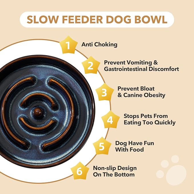 Havniva Ceramic 1.6 Cup Raised Slow Feeder Dog Bowl Set, Elevated Acacia Wood Stand for Medium and Large Dog, 8.2inch Slow Dish, Stop Bloat(Single Bowl+ Stand, Starry Sky)