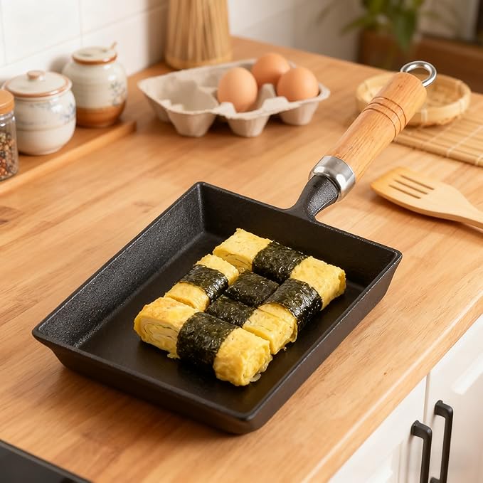 Tamagoyaki Pan, Cast Iron Japanese Omelette Pan for Breakfast, Perfect Rolled Eggs - Rectangular Egg Skillet for Gas & Induction Stovetops - Naturally Nonstick Surface When Seasoned, 7.2 x 6.1 inches