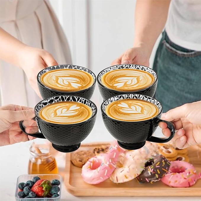 LEHAHA Coffee Mugs Set of 6, 14 Ounces footed Ceramic Mugs, Porcelain Black Coffee cups with handle for men women for Coffee, Tea, Cappuccino, Cocoa, Cereal, Black