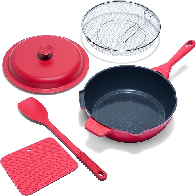 Granitestone ZUKA 10 in 1 Ceramic Pan, Large 12 Inch Saute Pan with Lid Serves as Deep Frying Pans Set with Steamer, Everyday Skillet, Non Toxic Ceramic Nonstick, Induction Oven & Dishwasher Safe