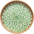 Round Rattan Tray Home Decor, 12'' Wicker Serving Tray with Mother of Pearl Inlay, Boho Decorative Tray for Coffee Table, Bathroom, Ottoman, Kitchen Table, Bathroom (Green)
