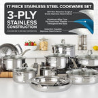 Viking 3-Ply Pots and Pans Set, 17 Piece Stainless Steel Cookware Glass Lids, Steamer Insert, Silver