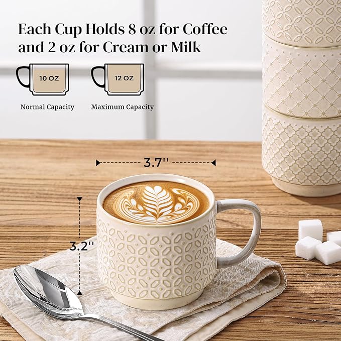 DOWAN 12oz Coffee Mugs Set of 4, Ceramic Coffee Mugs, Stackable Cappuccino Cups, Microwave Safe, Thick-Walled Design for Heat Retention, Office and Home Use