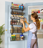Over The Door Pantry Organizer, Pantry Organization and Storage, 8-Tier Deep Baskets Hanging Heavy-Duty Metal, Wall Spice Rack Seasoning Shelves for Home & Kitchen, Laundry Room Bathroom, Black