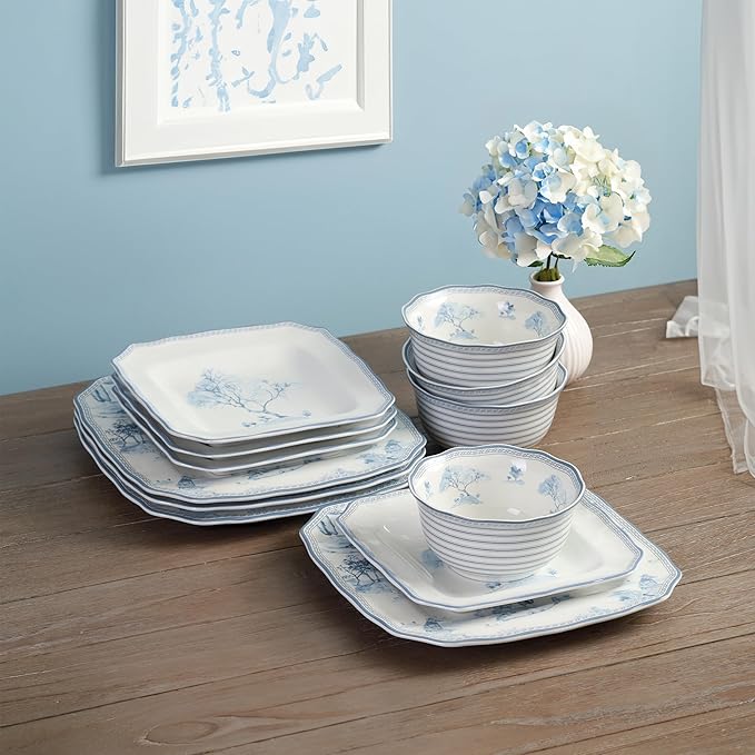 222 Fifth 12-Piece Porcelain Dinnerware Set for 4, Glossy White Plates and Bowls Set with Blue Decal, Elegant Square Ceramic Dish Set, Kitchen Tableware, Microwave & Dishwasher Safe, Scenic Toile