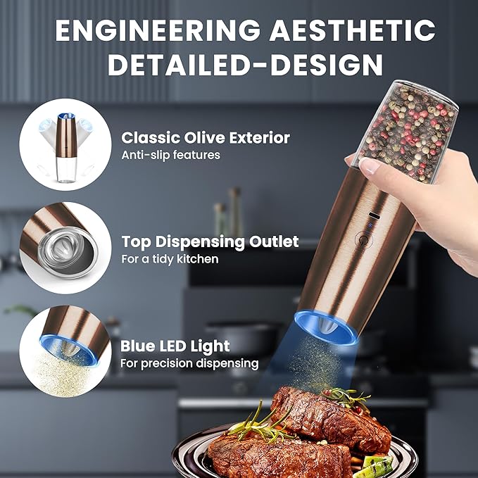 Rechargeable Electric Salt and Pepper Grinder set of 2, gravity electric salt and pepper grinder set, Adjustable Roughness, LED Light, 2 Pack, (Copper)