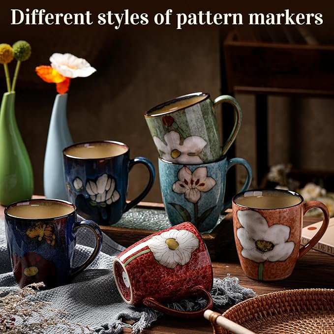 Maxdot 6 Pcs 12oz Ceramic Coffee Mugs Sets Glazing Process Cappuccino Mug Floral Ceramic Tea Cups Mother's Day Idea Gift for Women Mom Porcelain Cup for Coffee, Cocoa, Tea, Latte (Retro)