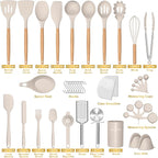 Silicone Cooking Utensils Set, 43Pcs Non-Stick Heat Resistant Kitchen Utensils Spatula Set with Wooden Handle for Baking, Cooking, and Mixing, Best Kitchen Gadgets Tools with Holder (Khaki)