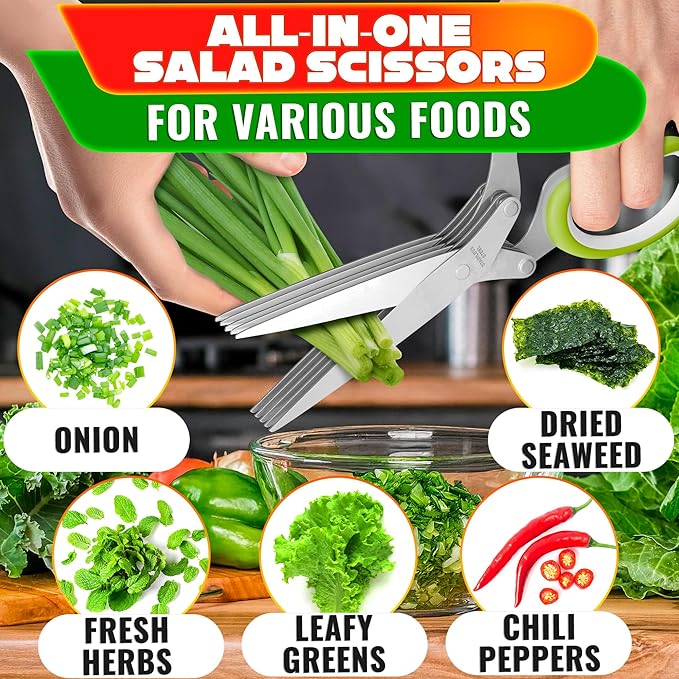 Herb Scissors with 5 Blades and Cover – Stainless Steel Herb Cutter for Fast & Precise Cutting, Compact, Easy-to-Store Design – Ergonomic Handle & Cleaning Brush for Quick and Comfortable Kitchen Prep