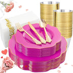 NOCCUR 175PCS Hot Pink Plastic Plates with Gold Disposable Silverware - Include 50 Hot Pink Plates,25 Knives,25 Forks,25 Spoons,25 Cups and 25 Napkins - Ideal for Party/Mother's Day