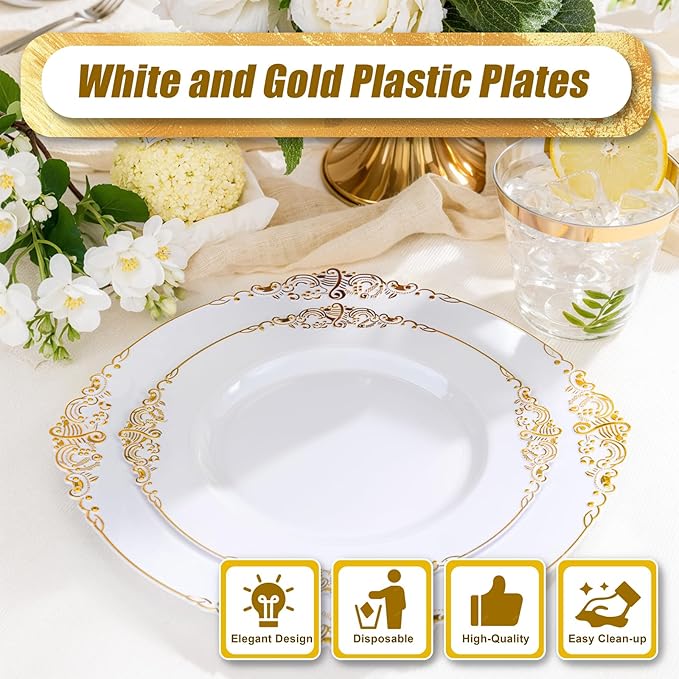 Hioasis 300pcs White and Gold Plastic Plates - Disposable Dinnerware Set Suitable for 50 Guests Include 10.25" Dinner & 7.5" Dessert Plates,Silverware Set, Cups for Wedding(NO Napkins Included)