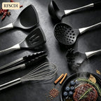 Premium Black Silicone Cooking Utensils Set - Non-Toxic, Heat Resistant& Non-Stick Kitchen Utensils Set with Spatula, Spoon, Whisk, Tongs, BPA Free, Dishwasher Safe, Black