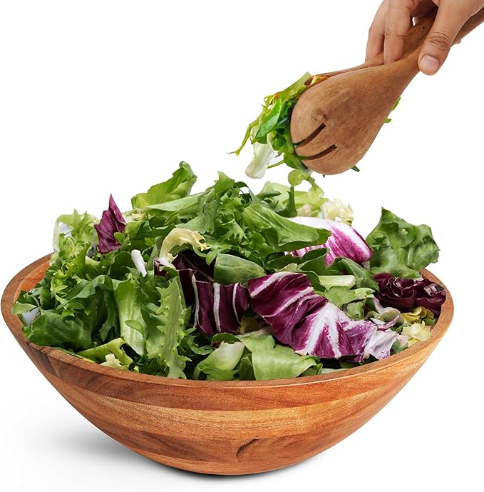 Luxe Designs Wooden Salad Bowl Set - Food Safe & Sustainable Decorative Bowl - Wood Bowl for Fruits, & Salads - Easy to Clean Large Salad Bowls Set w/Spoon, Fork – Wooden Bowls for Food