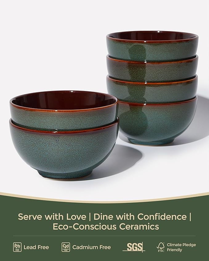 Pokini 5.5" Cereal Bowls & Dessert Bowls Set of 6-22 Oz Small Bowls for Kitchen-Ceramic Bowl for Cereal, Soup, Oatmeal, Salad, Ramen, Noodle, Rice, Yogurt-Dishwasher & Microwave Safe, Brown Green
