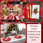 KIRE 350PCS Red Plastic Plates - Heavy Duty Red Plates Disposable - 50Guest Plastic Dinnerware Include 50Dinner Plate,50Dessert Plate,50Pre Rolled Napkins with Silverware for Valentine's Day&Wedding