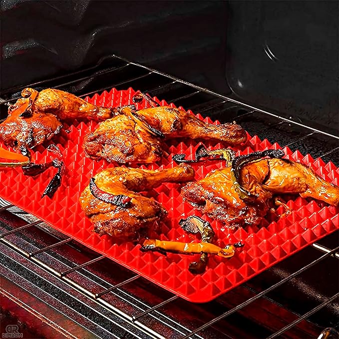 Red Silicone Baking Mat - 16x11.42" Non Stick Baking Mat With Fat Filtering Red Pyramid Design, Suitable for Oven & Microwave - Flexible & Easy-to-Clean Silicone Cooking Mats for Roasting, BBQ, Bacon