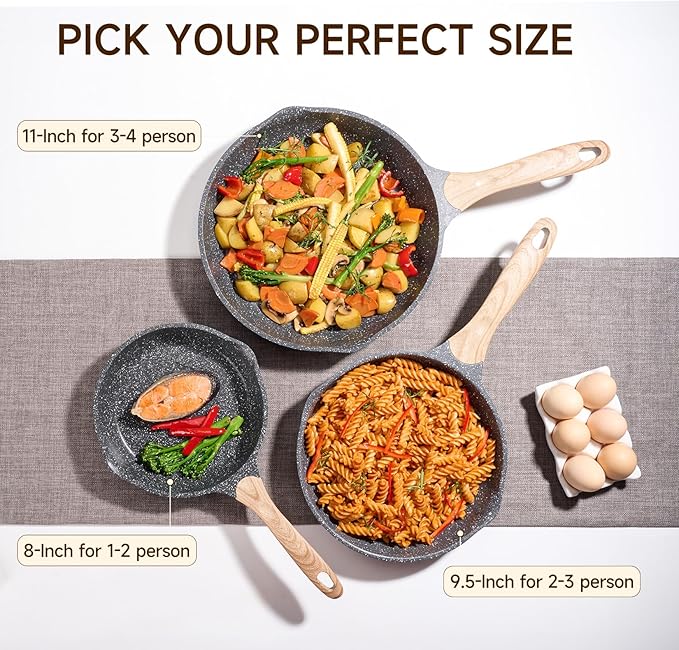 JEETEE 8 inch Nonstick Frying Pan Granite Stone Coating Cookware, Nonstick Omelette Skillet with Soft Touch Handle, All Stove Induction Compatible (Gray)