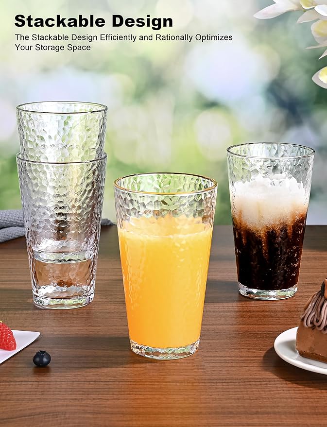 Amyoole Drinking Glasses Set of 8,16oz Clear Highball Water Glasses,Stackable Lead-Free Hammered Glass Cups,Kitchen Drinkware Glassware for Cocktail,Beer,Juice,Iced Tea,Margaritas and Mixed Drinks