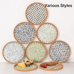 Round Rattan Tray with Mother of Pearl Inlay, Rattan Serving Tray for Coffee, Bread, Fruits, Decorative Wicker Tray for Table Decor, Home Decor, Kitchen Island Decor (Dark Blue Fish, 11.8")