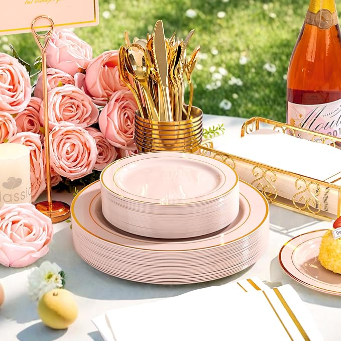 GATHER 700PCS Pink Plastic Plates - Gold Rim Disposable Plastic Dinnerware Set Include 200 Pink Plates, 300 Silverware, 100 Napkins, 100 Cups for Party & Wedding & Mother's Day