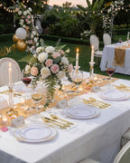 Morejoy 350PCS White and Gold Plastic Plates - Gold Plastic Dinnerware Set Include 50Dinner Plates, 50Dessert Plates 150Cutlery, 50Cups, 50Napkin Perfect for Party & Wedding