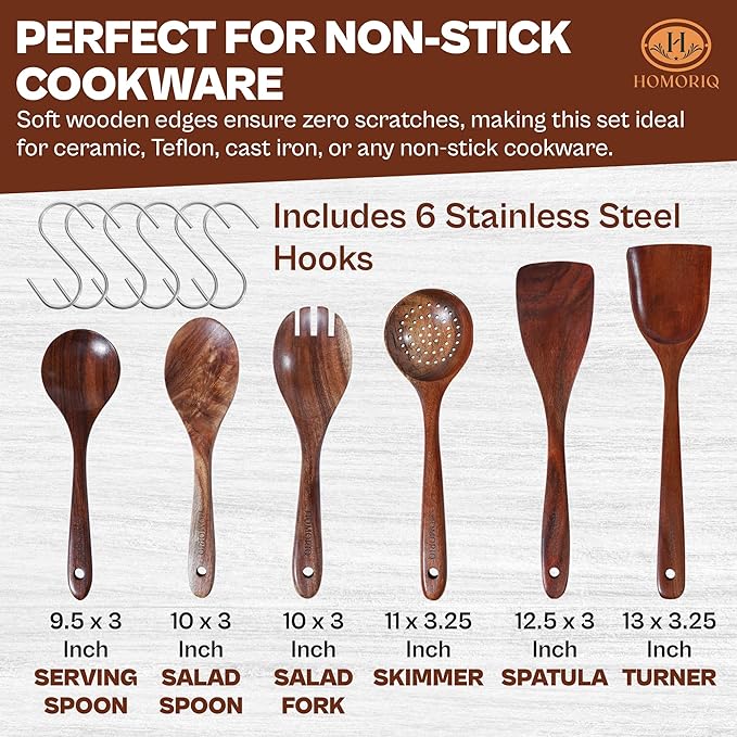 6-Piece Teak Wooden Cooking Utensils Set – Heat-Resistant Spoons & Spatulas | Natural Wood, Non-Stick Safe Kitchen Tools