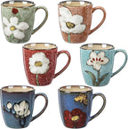 Maxdot 6 Pcs 12oz Ceramic Coffee Mugs Sets Glazing Process Cappuccino Mug Floral Ceramic Tea Cups Mother's Day Idea Gift for Women Mom Porcelain Cup for Coffee, Cocoa, Tea, Latte (Retro)