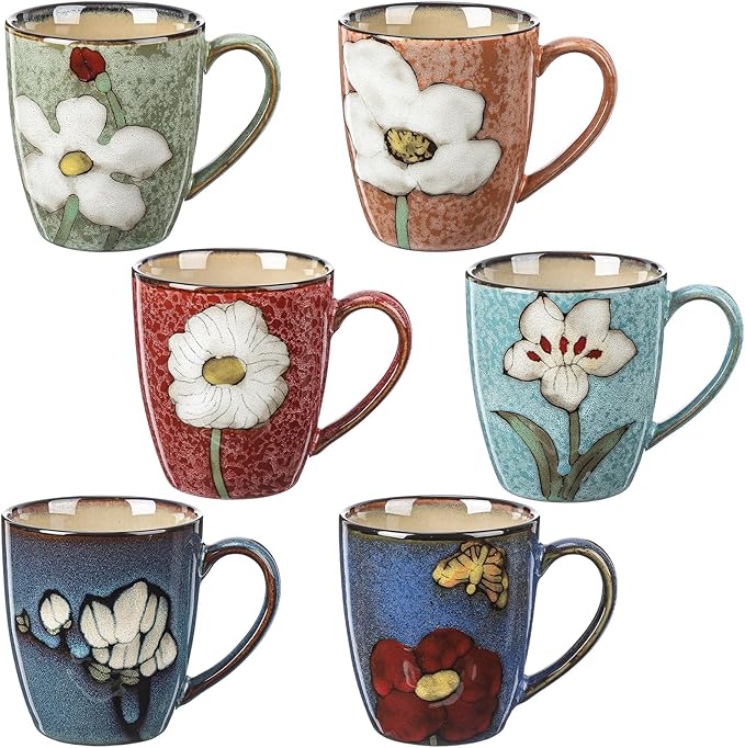 Maxdot 6 Pcs 12oz Ceramic Coffee Mugs Sets Glazing Process Cappuccino Mug Floral Ceramic Tea Cups Mother's Day Idea Gift for Women Mom Porcelain Cup for Coffee, Cocoa, Tea, Latte (Retro)