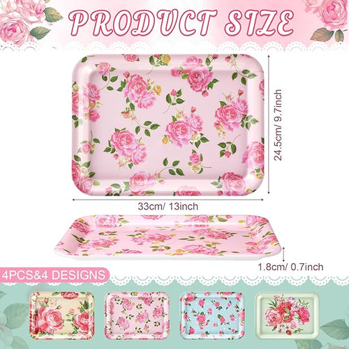 4 Pcs Melamine Serving Trays Platters Snack Trays Reusable Rectangle Platters for Sports Game Day Flower Tea Party Food Dessert Cookies Serving Plates Supplies, 13 x 9.7 Inch(Flower)