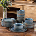 GBHOME 24-Piece Stoneware Dinnerware Set for 8 – Ribbed Ceramic Plates and Bowls, Scratch-Resistant, Microwave & Dishwasher Safe, Reactive Glaze, Ceylon Blue