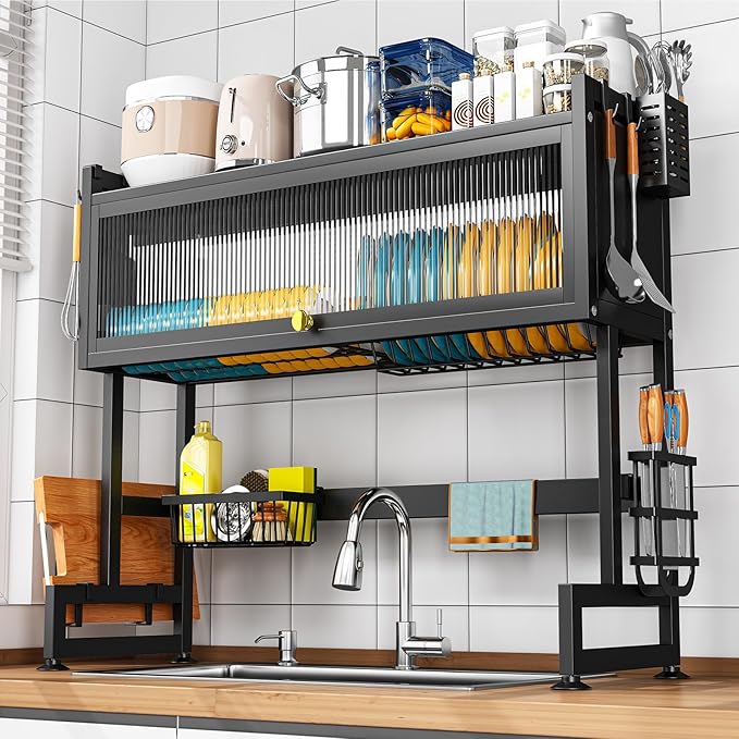 SNSLXH 2-Tier Over The Sink Dish Drying Rack, 33.66"×31.1"×11.81", Large Sink Rack for Kitchen, Saving Kitchen Space, Cover Design Holds Dishes, Bowls, and Cutlery, Kitchen Sink Shelf
