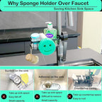 Sponge Holder for Kitchen Sink Smiley Face Sponge Holder Over Faucet - Stainless Steel Sink Caddy Organizer with Quick Stone Drying Mat (Black)