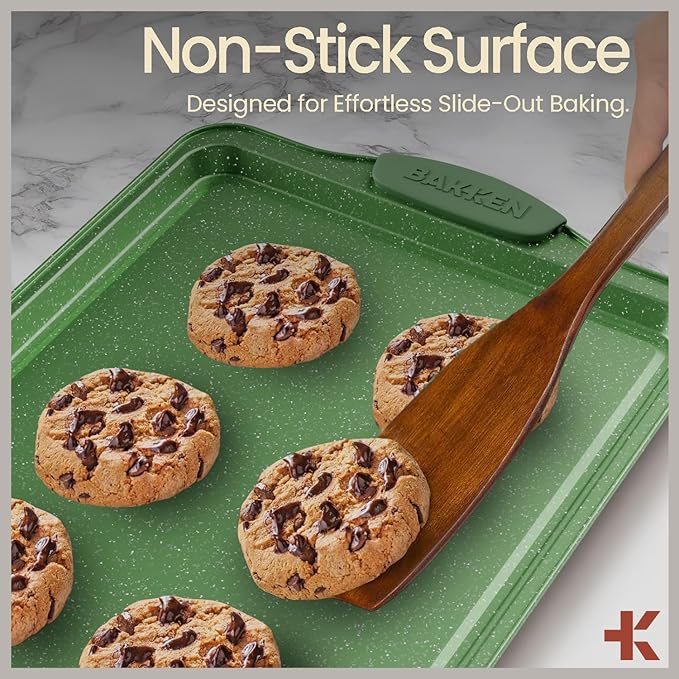 BAKKEN Kitchen Baking Pan Set - Nonstick Green Marble Coating, Carbon Steel Bakeware Sets with Green Silicone Handles, Kitchen Essentials, PFOA, PFOS, PTFE Free, Oven Safe (Up To 450° F), Set of 10