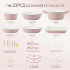23pcs Ceramic Pots and Pans Set, Nonstick Detachable Handle Cookware, Induction Kitchen Cooking Set with Removable Handle,include Frying Pans & Saucepans Oven Safe(Pink)