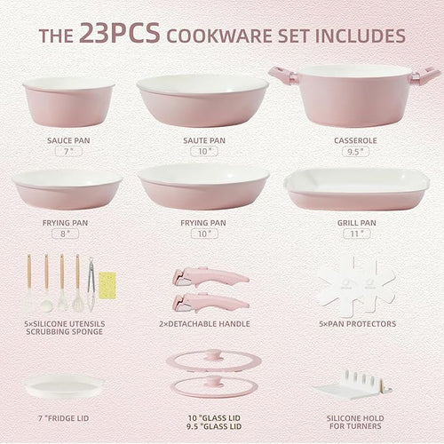 23pcs Ceramic Pots and Pans Set, Nonstick Detachable Handle Cookware, Induction Kitchen Cooking Set with Removable Handle,include Frying Pans & Saucepans Oven Safe(Pink)