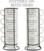 Signature Housewares Stackable Coffee Mug Tower Set with Metal Wire Rack - 15 Ounce Coffee Mugs for Coffee, Tea, Cocoa, Milk, Cappuccino, Hot Chocolate Set of 4 - Inspirational Bible Verses