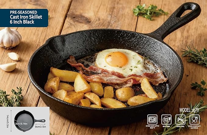 Pre-Seasoned Cast Iron Skillet, Black, 6 Inch Mini Frying Pan with Handle