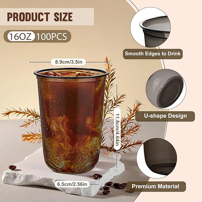 KesaPlan 100 Pcs 16 oz Black Clear Plastic Cups, Disposable Stemless Wine Glasses for Halloween Graduation Party, Round Bottom Plastic Cocktails Cups, Disposable Cold Drinks Cup for Birthday Wedding